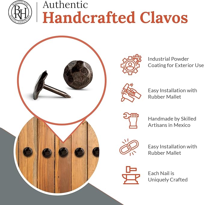 10 Pack 0.75" Round Head Iron Clavos Decorative Nails – Sealed Unfinished – Handmade Rustic Round Fasteners for Farmhouse Shutters, Faux Wood, Barn Doors, Shutters, Gates – Ornamental Wood Accent