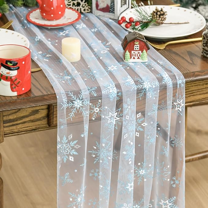 Artoid Mode Blue Snowflakes Merry Christmas Gauze Table Runner 120 Inch 10FT, Winter Seasonal Sheer Dining Holiday Wedding Table Decor for Home Party