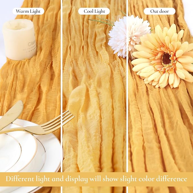 3 Pack Gold Cheesecloth Table Runner Fall Thanksgiving 35x120 Inch Yellow Cheese Cloth Runner 10FT Boho Rustic Gauze Table Runner for Wedding Baby Shower Birthday Party Decor