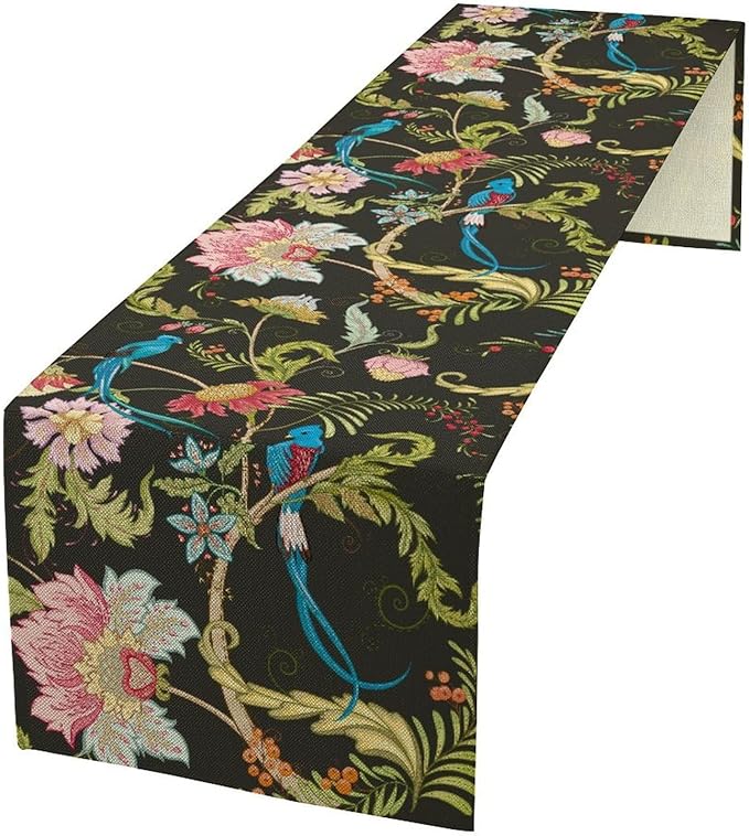 Floral Butterfly Table Runner Seasonal Spring Flower Bird Table Decoration Table Runner for Home Party Decoration 13x108 Inch