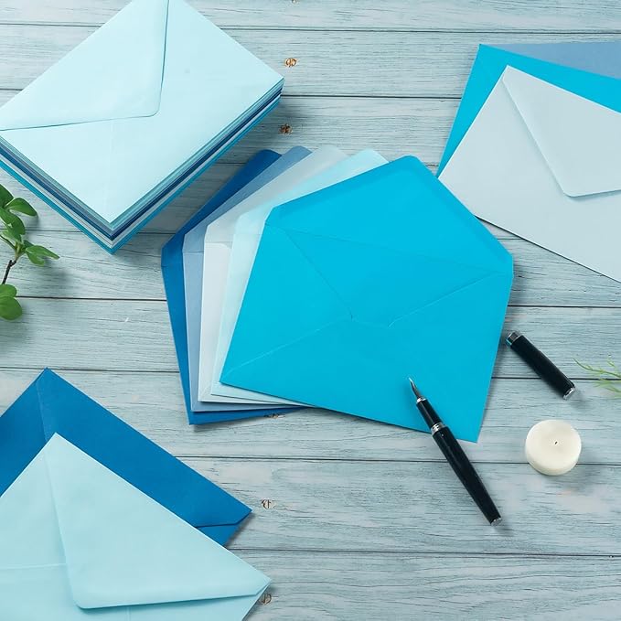 50 Pack Colored A7 Invitation Envelopes 5x7 with Gold Stickers for Cards and Invitations, 5 Colors (Blue, 5 1/4 x 7 1/4 inches)