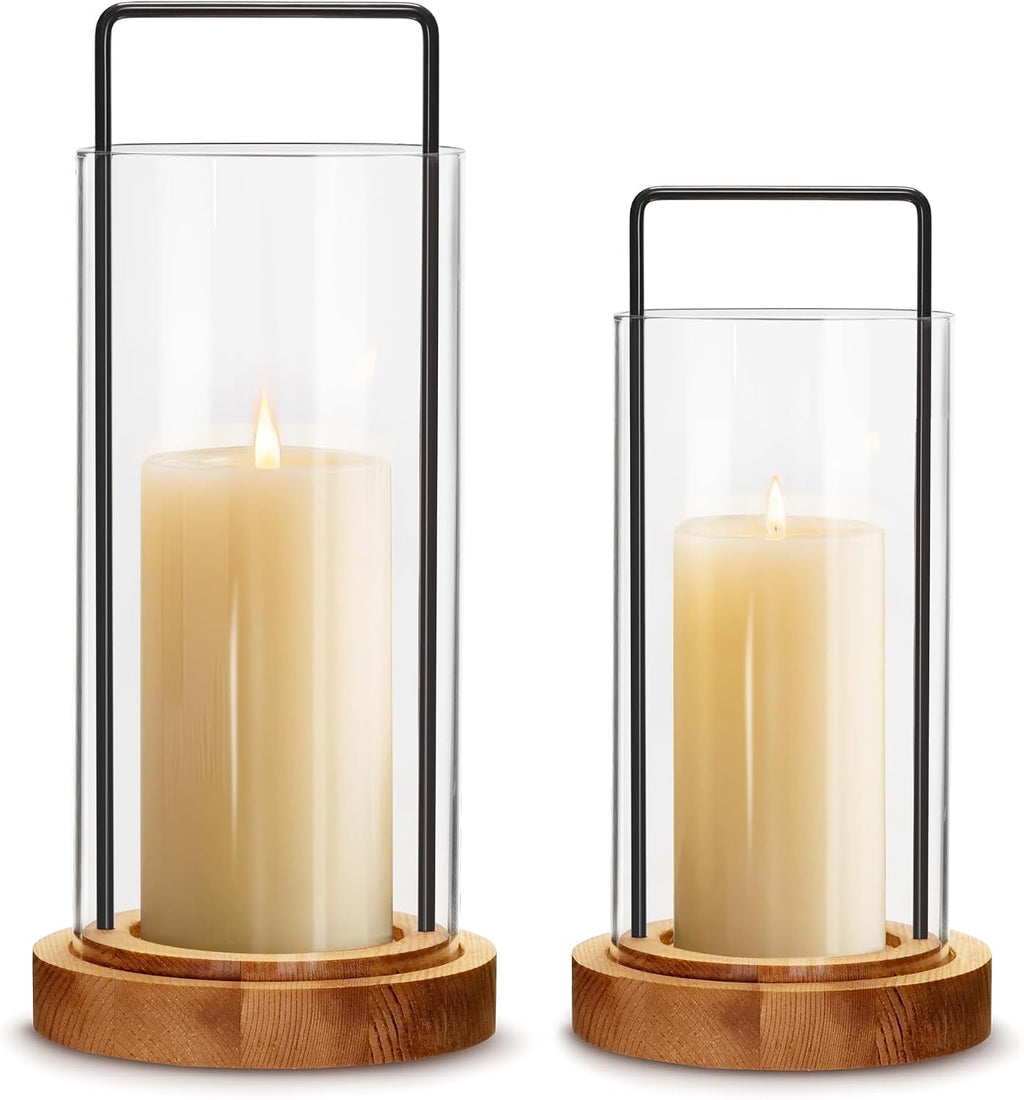 Houmury Set of 2 Hurricane Candle Holders Lantern 12” & 10”with Wood Base Metal Handle Glass Cylinder Modern Farmhouse Decor for Home Decoration, Table Centerpieces (Warm Amber Brown)