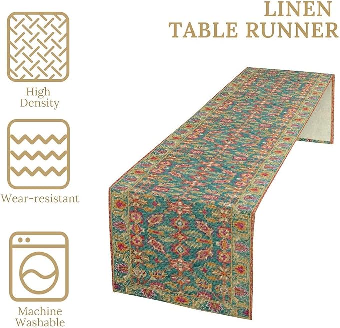Vintage Boho Floral Table Runner, Rustic Country Farmhouse Teal Red Purple Flower Pattern for Home Kitchen Table Decor Dining Coffee Room Party Decor 13x108in