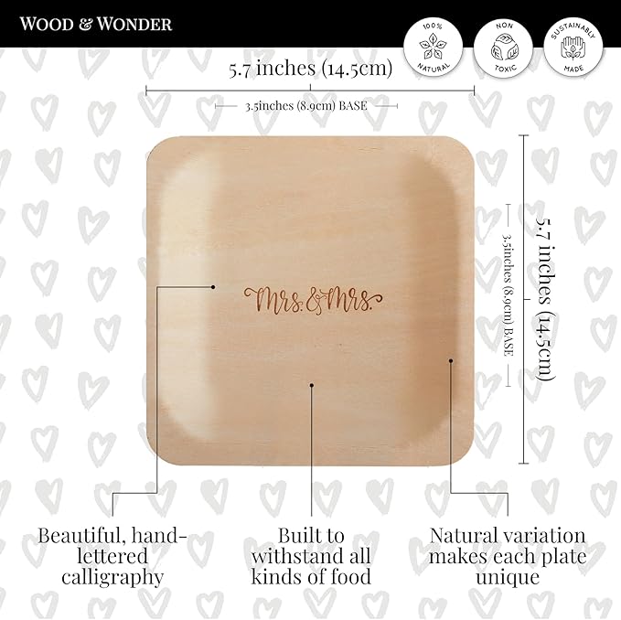 Mrs. and Mrs. Disposable Wedding Plates – Rustic, Compostable Alternative to Plastic Plates for Wedding Receptions, Engagement Parties, and Rehearsal Dinners (Appetizer, 50-Pack)
