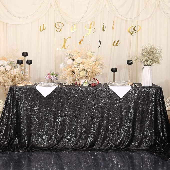 SquarePie Sequin Tablecloth 90 x 132 Inch Black Sparkly Table Linen for Halloween Wedding Party