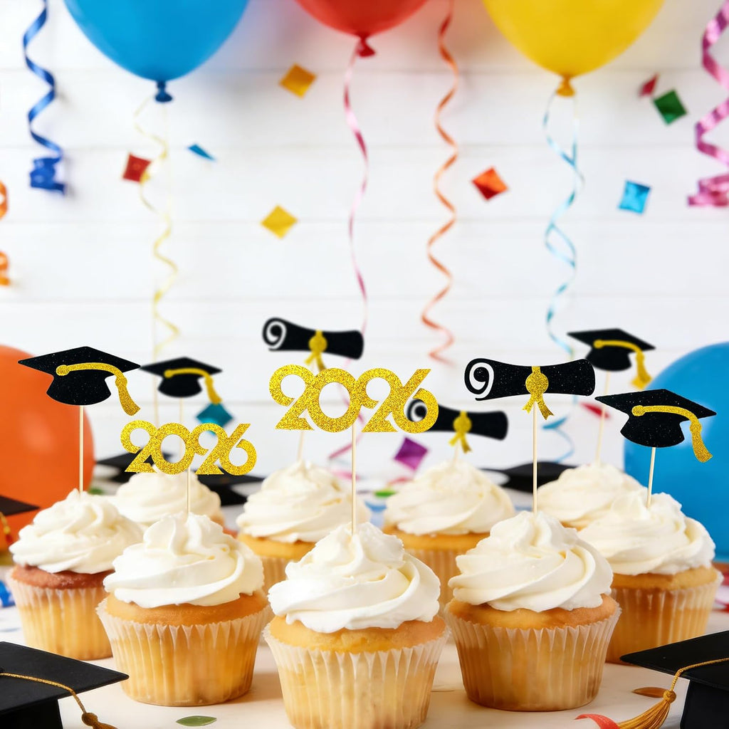 2026 Graduation Cupcake Toppers 48 Pack, Pre-Assembled Food & Appetizer Picks, Black Gold Grad Cap & Diploma Cupcake Decorations for Graduation Party
