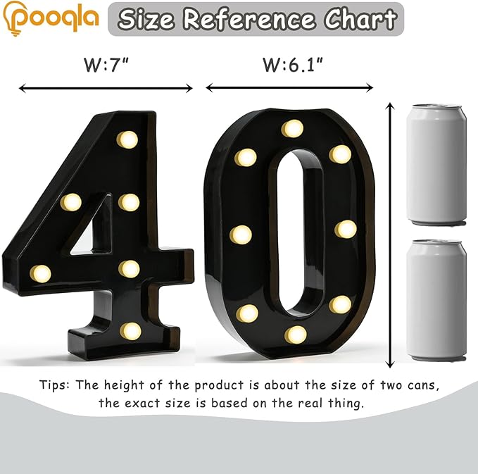 Pooqla Decorative Led Light Up Number Letters, Black Plastic Marquee Number Lights Sign for 40th Birthday Party Wedding Decor Battery Operated Black Number 40