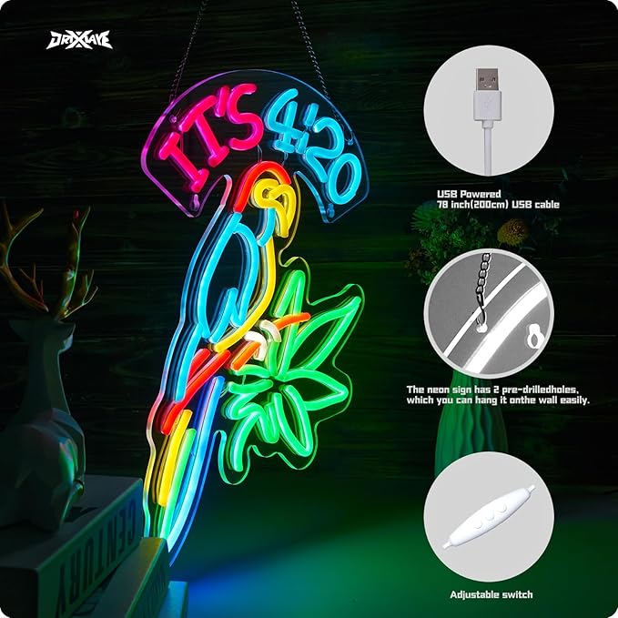 ORIXIAYE 420 Neon Sign Green Leaf Neon Signs for Wall Decor 420 Decorations Led Signs with Dimmer for Pub Party Man Cave Room Art Decor Gift USB-Powered (16.2x12.6) Inch