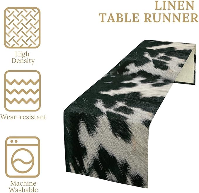 Cow Skin Print Table Runner, Rustic Country Farm Fur Skin Cowhide Pattern Western Style Black White Print Table Runner for Home Kitchen Dinning, 13x90 Inch