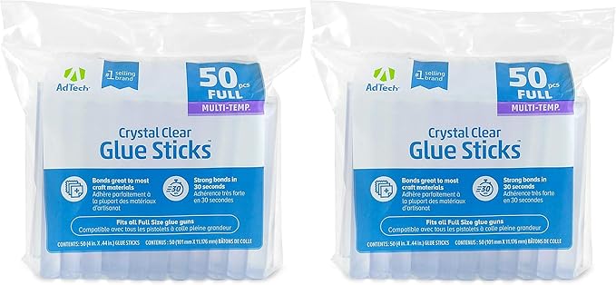 AdTech Crystal Clear Hot Glue Gun Sticks (W220-14ZIP50) – Full Size Hot Glue Sticks. All-Purpose Glue Sticks for Crafting, Scrapbooking & More. 50 Pieces. Length: 4” Diameter: .44”. (Pack of 2)