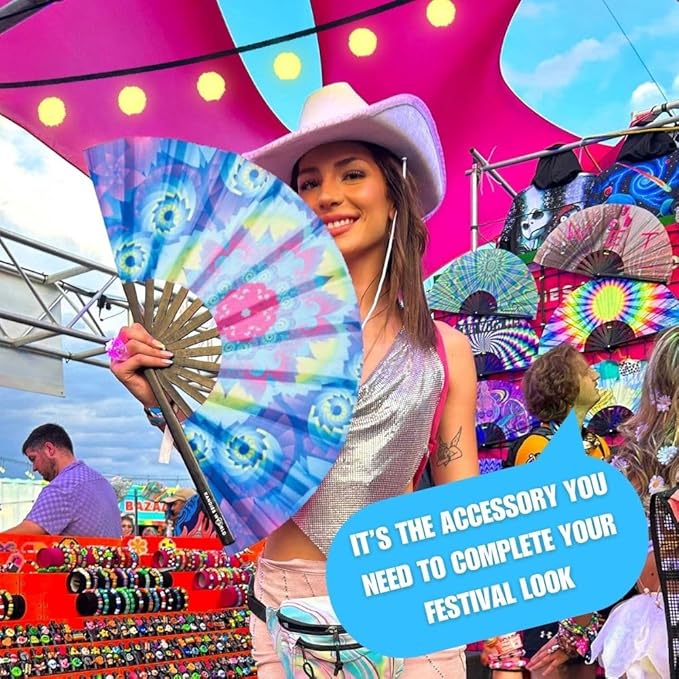 Kandies World UV Reactive Custom Festival Folding Hand Fan - Unique Designs, Made of Bamboo, Clacking Sound, Lightweight - Perfect Rave and Festival Accessory!