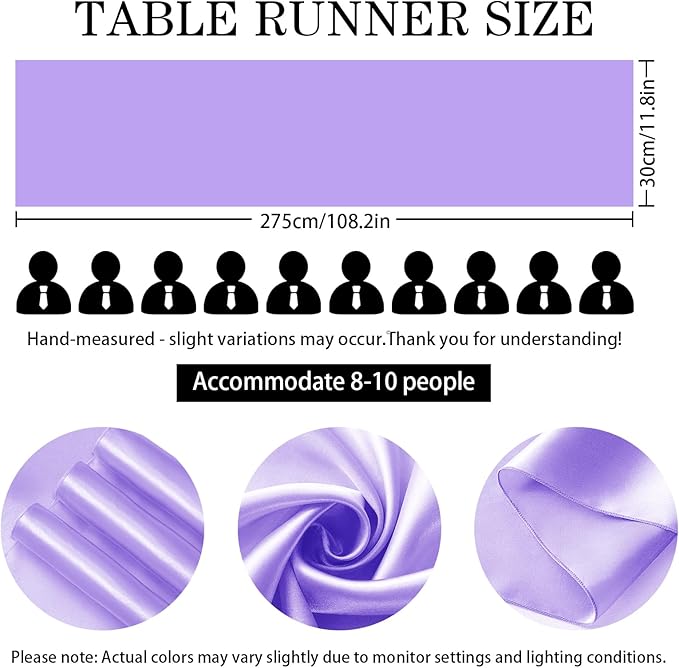 SHEJIZE 10 Pack Lavender Satin Table Runner 12x108 Inches Long, Bright Silky Smooth Satin Table Runner Table Decor for Wedding Banquet Christmas Prom Event Birthday Party
