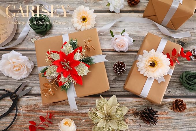 Christmas Artificial Flowers Poinsettia Flower Mix Silk Flowers Fake Roses with Stems for DIY Table Centerpieces Christmas Tree Xmas Wreath Holiday Home Party Decor