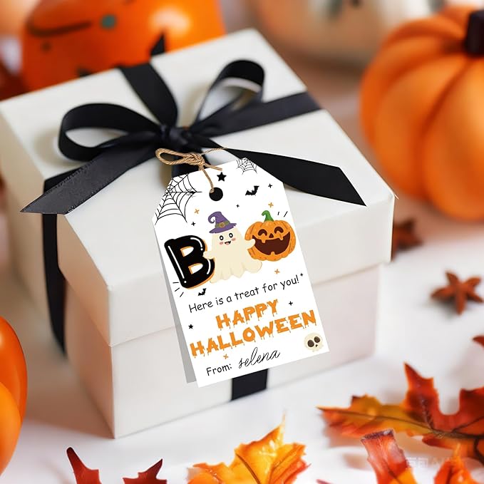 50pcs Boo Halloween Favor Tags, Halloween Class Gift Tags for Spooky Ghost Party Favor and Gift Wrapping Decoration (Happy)