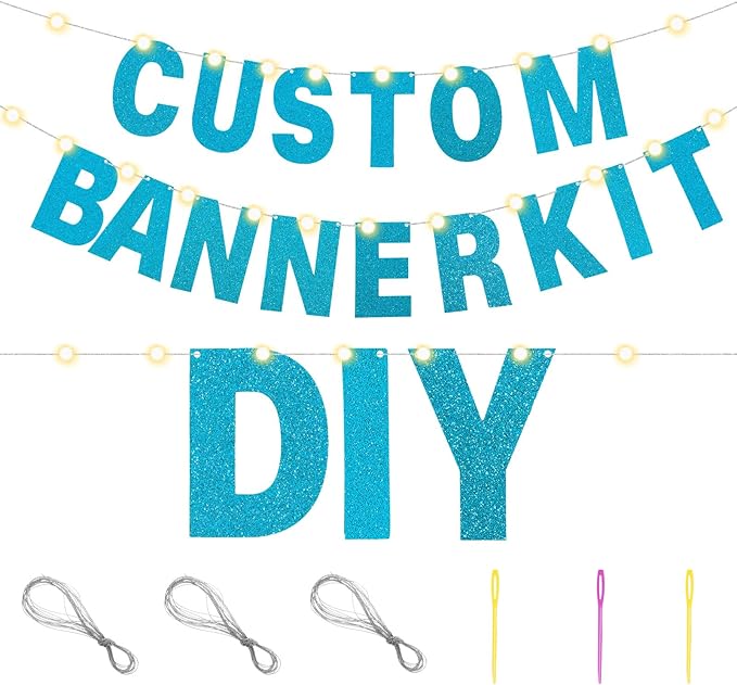 TaoBary 112 Pcs DIY Letter Kit Glitter Customizable Banner Letters Include 107 Letters and Numbers 3 Rope and 2 Needles for Birthday Halloween Christmas Wedding Valentine Party Decor(Baby Blue)