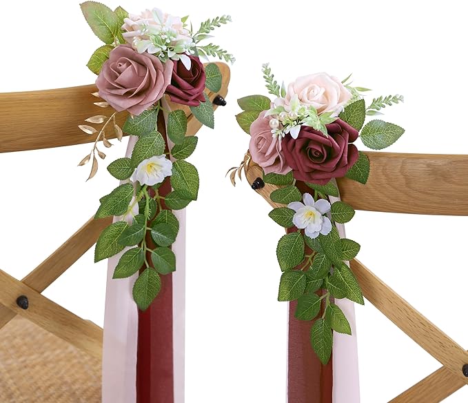 10 Wedding Aisle Decorations for Ceremony - Burgundy Chair Flowers for Aisle Decor - Church Pew Decorations