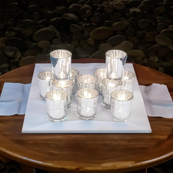 WGV Silver Speckled Tea Light Votive Candle Holder 2.2x2.75, Small Tiny Utility Cylinder Mercury Glass Vase, Home Accent Decor, 24 Pieces