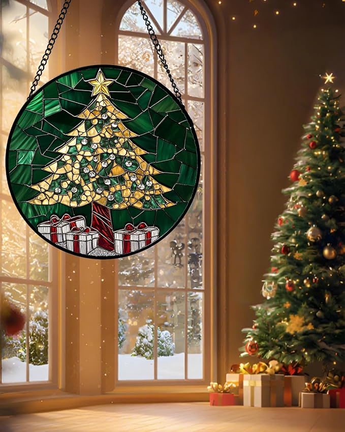 Stained Glass Window Hanging - Gold Green Christmas Tree Suncatcher for Doors Home Christmas Decoration Winter Sun Catcher Thanksgiving New Year Birthday Gifts for Women Men Mom Nana 6.3 in