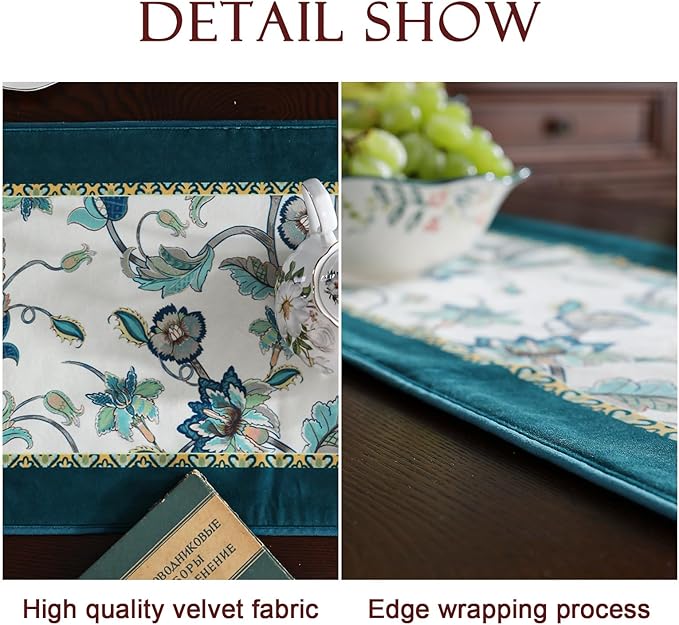 patdrea Designer Elegant French Floral Velvet Table Runner, Teal with Blossoms Pattern Table Mat, Decoration for Kitchen Dining Coffee Table Shelf Cabinet Banquet Thanksgiving,12"*71"