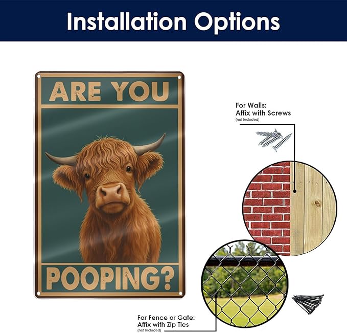 Funny Highland Cow Bathroom Sign - "Are You Pooping?" Vintage Western Tin Wall Decor for Restroom, Toilet or Farmhouse - 8" x 12" Metal Sign