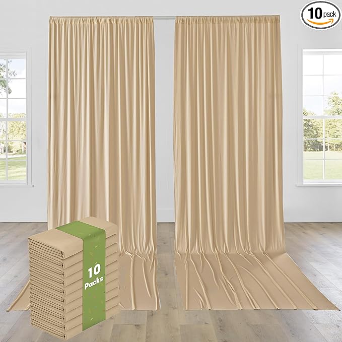 PartyVillage 50ft×15ft Beige Backdrop Curtain for Wedding Parties, 10 Panels Wrinkle Free 15 FT Long Polyester Photo Backdrop Drapes Back Drop Cloth for Birthday Photography Background