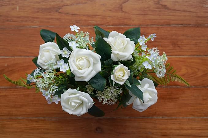 Artificial Flowers Plants Fake Rose Floral Arrangements in Pots for Home Wedding Table Centerpieces Indoor Outdoor Decoration (White)