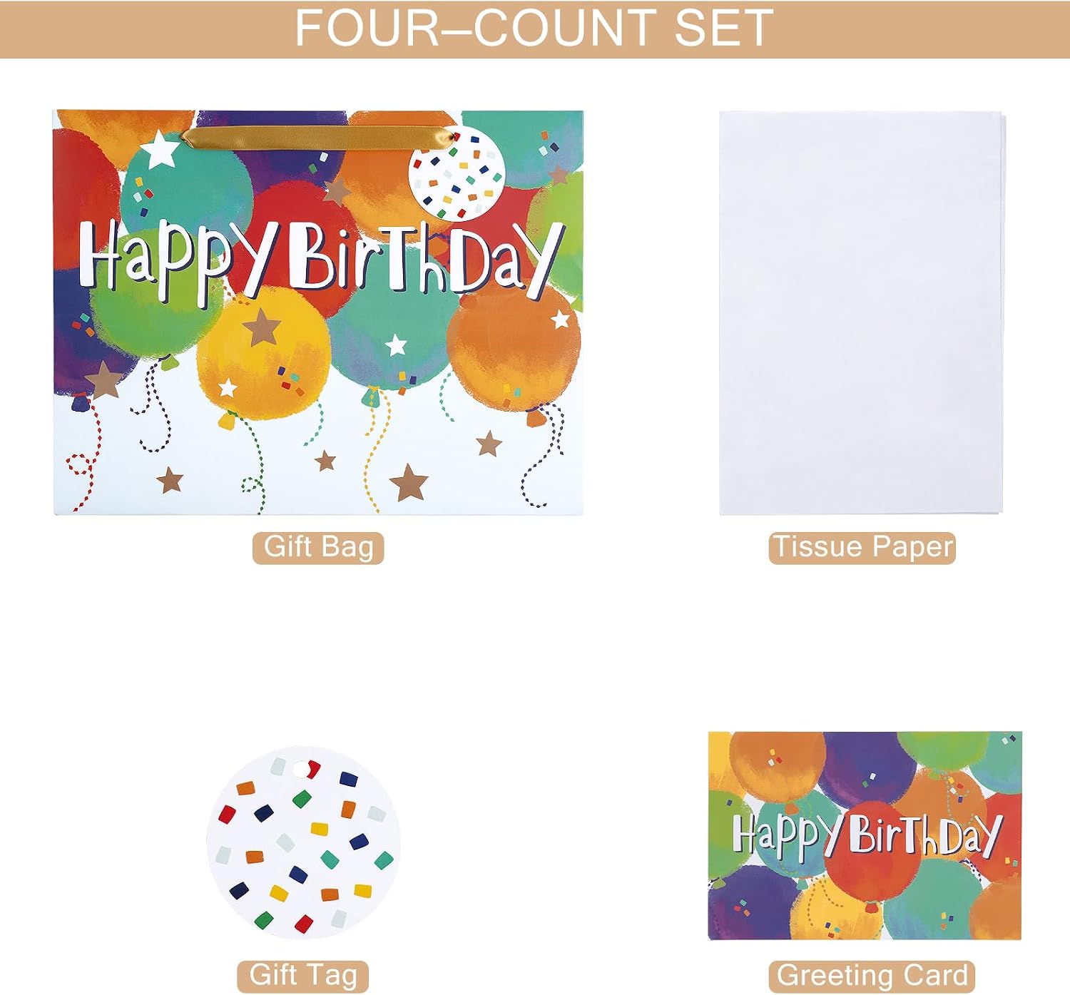 Loveinside Colorful Birthday Gift Bag, Balloons Pattern with HAPPY BIRTHDAY Text, Matching Tissue Paper, Greeting Card and Tag, Ideal for Kids' Birthday Gifts, 13" x 5" x 10", 1 Pcs