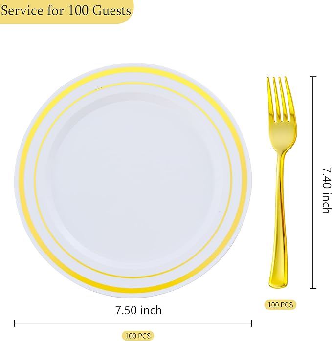 200pcs Gold Dessert Plates with Forks for 100 Guests-100pcs 7.5" Small Plastic Dessert Plates and 100pcs 7.4" Forks-Disposable Cake/Appetizer/Salad Plate for Wedding/Birthday/Party