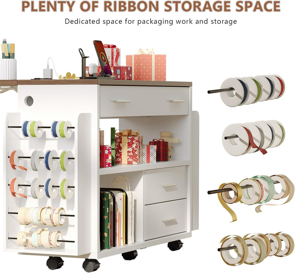 Wrapping Paper Storage Cart with Foldable Drop Leaf, Crafting Table with Power Outlets, Wrapping Paper Organizer with Ribbon & Gift Bag Storage, Rolling Gift Wrap Storage Station