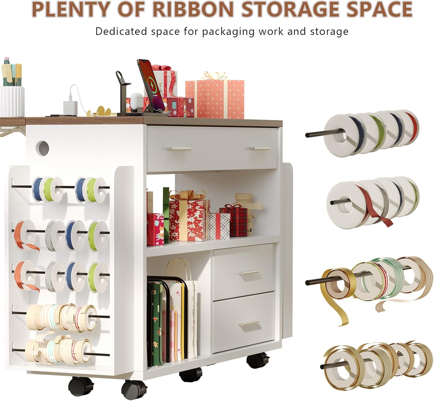 Wrapping Paper Storage Cart with Foldable Drop Leaf, Crafting Table with Power Outlets, Wrapping Paper Organizer with Ribbon & Gift Bag Storage, Rolling Gift Wrap Storage Station