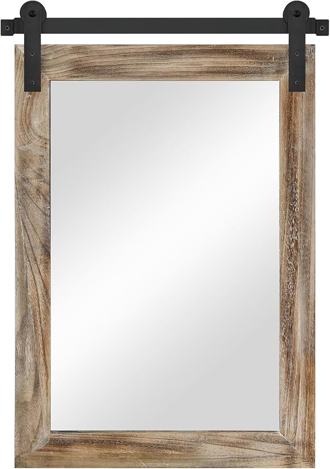 COGOOD Farmhouse Barn Door Mirror - 21 x 30 Rustic Wood Framed Wall Mirror for Bathroom, Living Room, Entryway Wall Decor (Striped Brown)