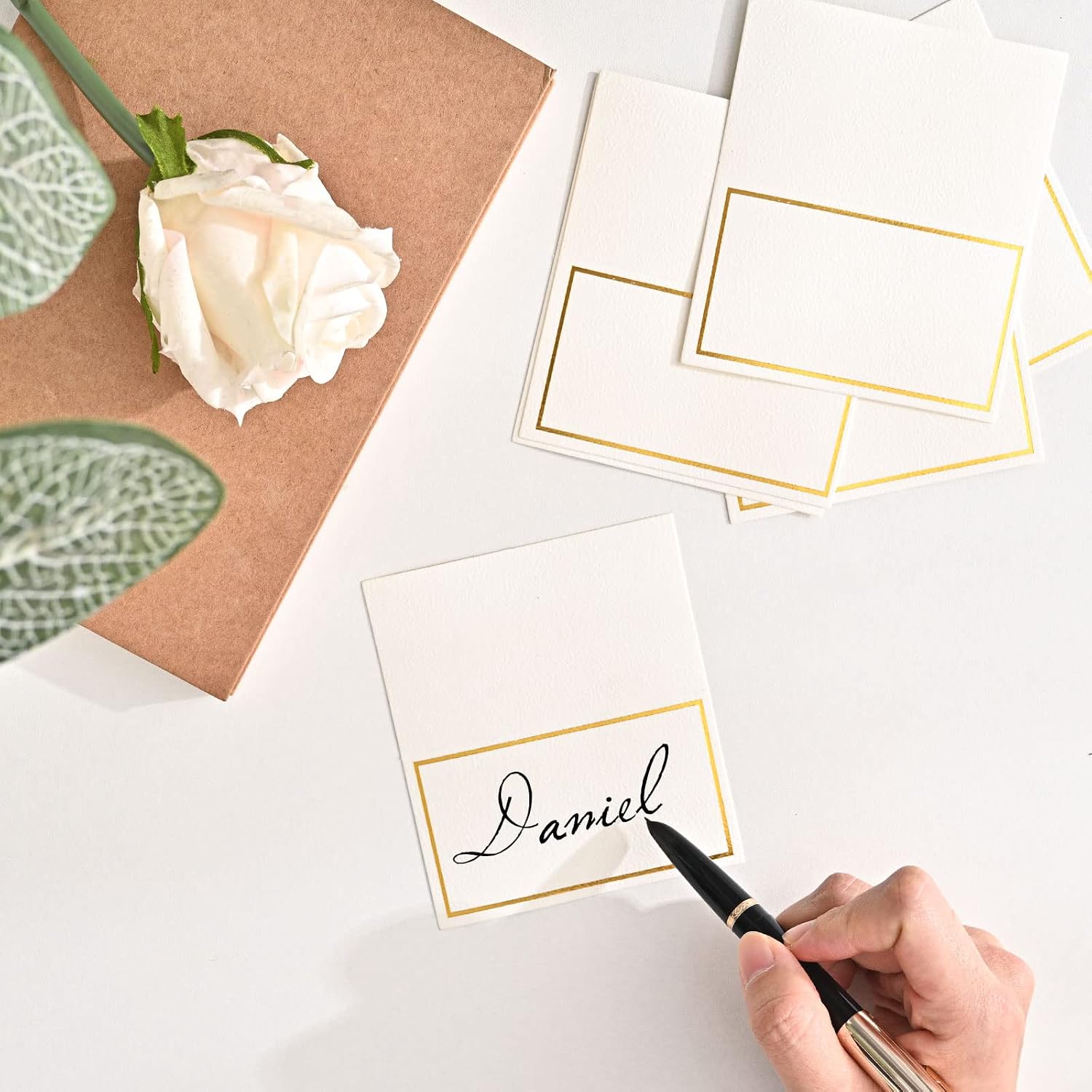 50 Pack Place Cards for Table Setting with Gold Foil Border Table Tent Cards for Seating Perfect for Weddings, Dinner Parties, Banquets 2” x 3.5”