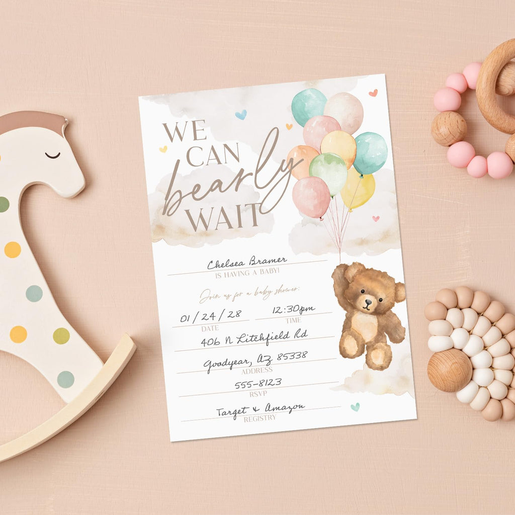 We Can Bearly Wait Baby Shower Invitations / 25 Barely Wait Teddy Bear Gender Neutral Baby Shower Invites With White Envelopes / 5" x 7" Flat Fill In Gender Reveal Boy Or Girl Invitation Cards / Made In The USA