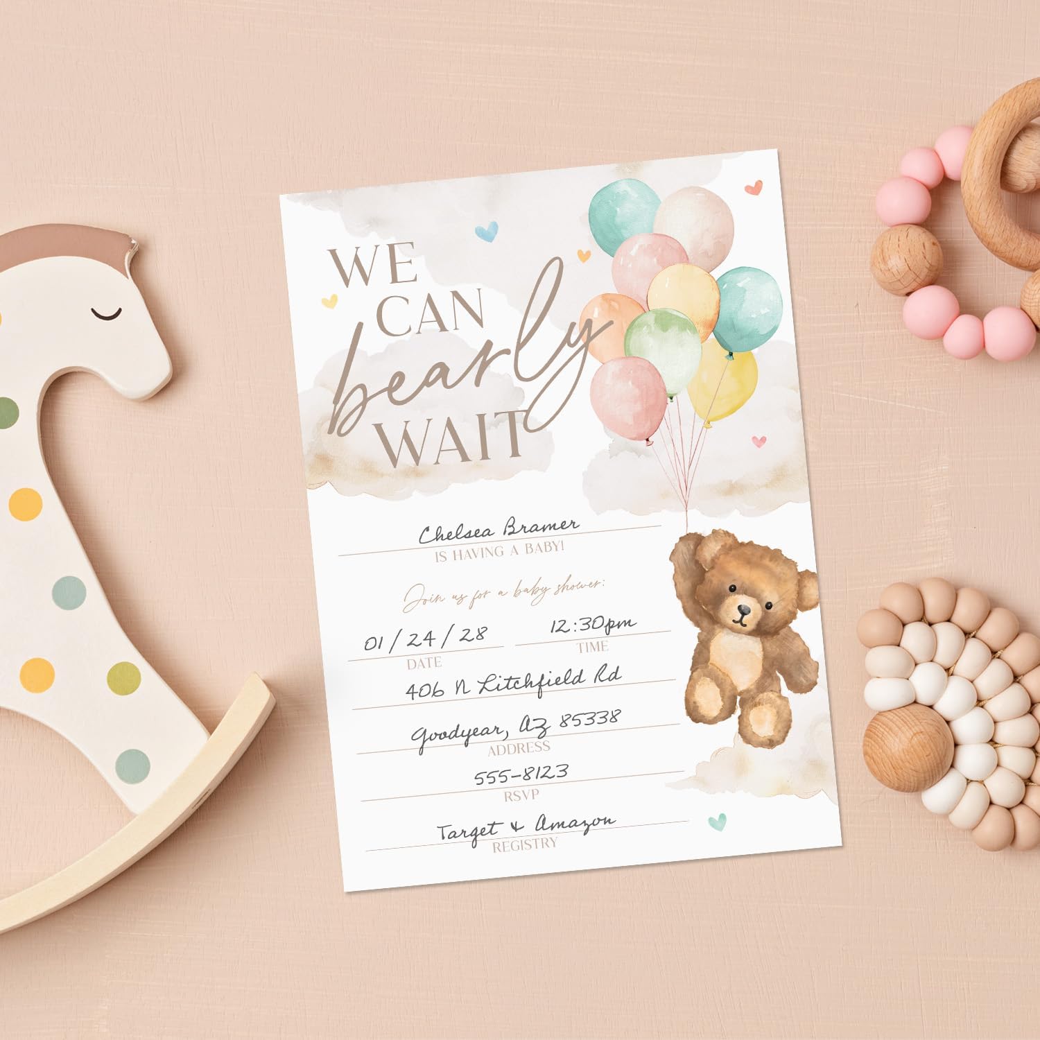 We Can Bearly Wait Baby Shower Invitations / 25 Barely Wait Teddy Bear Gender Neutral Baby Shower Invites With White Envelopes / 5" x 7" Flat Fill In Gender Reveal Boy Or Girl Invitation Cards / Made In The USA
