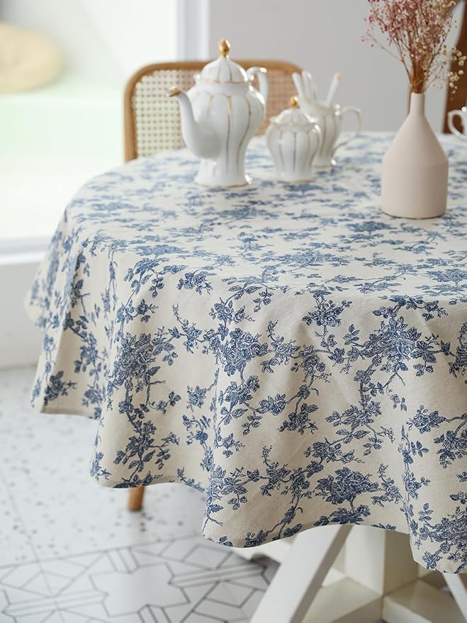 Pastoral Round Tablecloth - 60 Inch Dia. - Beige Linen Table Cloth - Washable Table Cover with Dust-Proof Wrinkle Resistant for Restaurant, Picnic, Indoor and Outdoor Dining, Floral (Dark Blue)