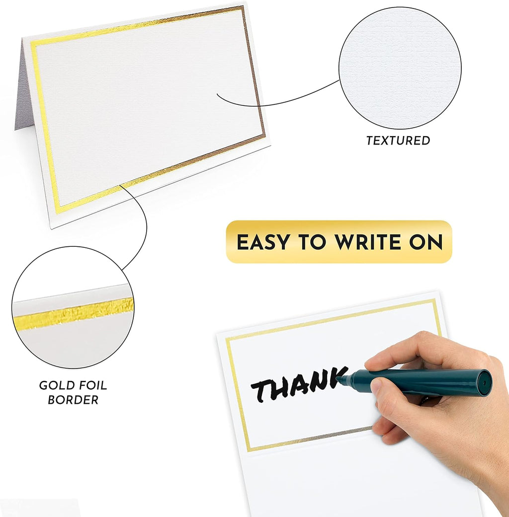 Place Cards Pack of 100 Premium Tent Name Place Cards for Table Setting with Gold Foil Border 2x3.5 inches - Perfect for Weddings, Banquets Dinner Parties and any other Events
