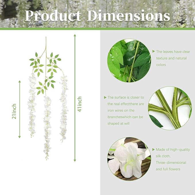 12 Pack Green White Wisteria Hanging Flowers, 3.44 Ft Fake Hanging Flowers, Artificial Wisteria Garland Vines for Wedding Room Backdrop Outdoor Patio Garden Decoration
