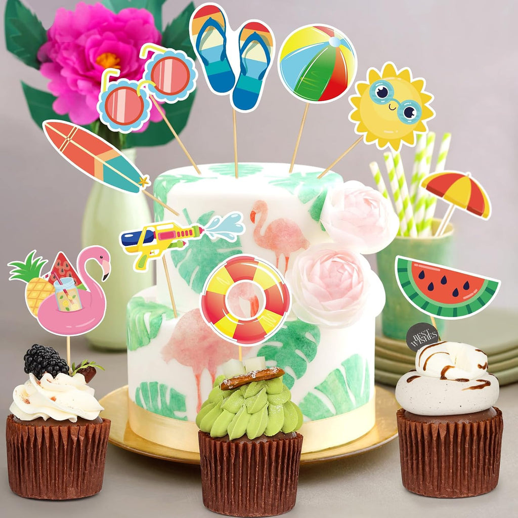 100 Pcs Summer Beach Cupcake Toppers for Kids Tropical Beach Pool Swimming Hawaii Theme Cake Insert Decorations for Summer Birthday Baby Shower Wedding Party Supplies