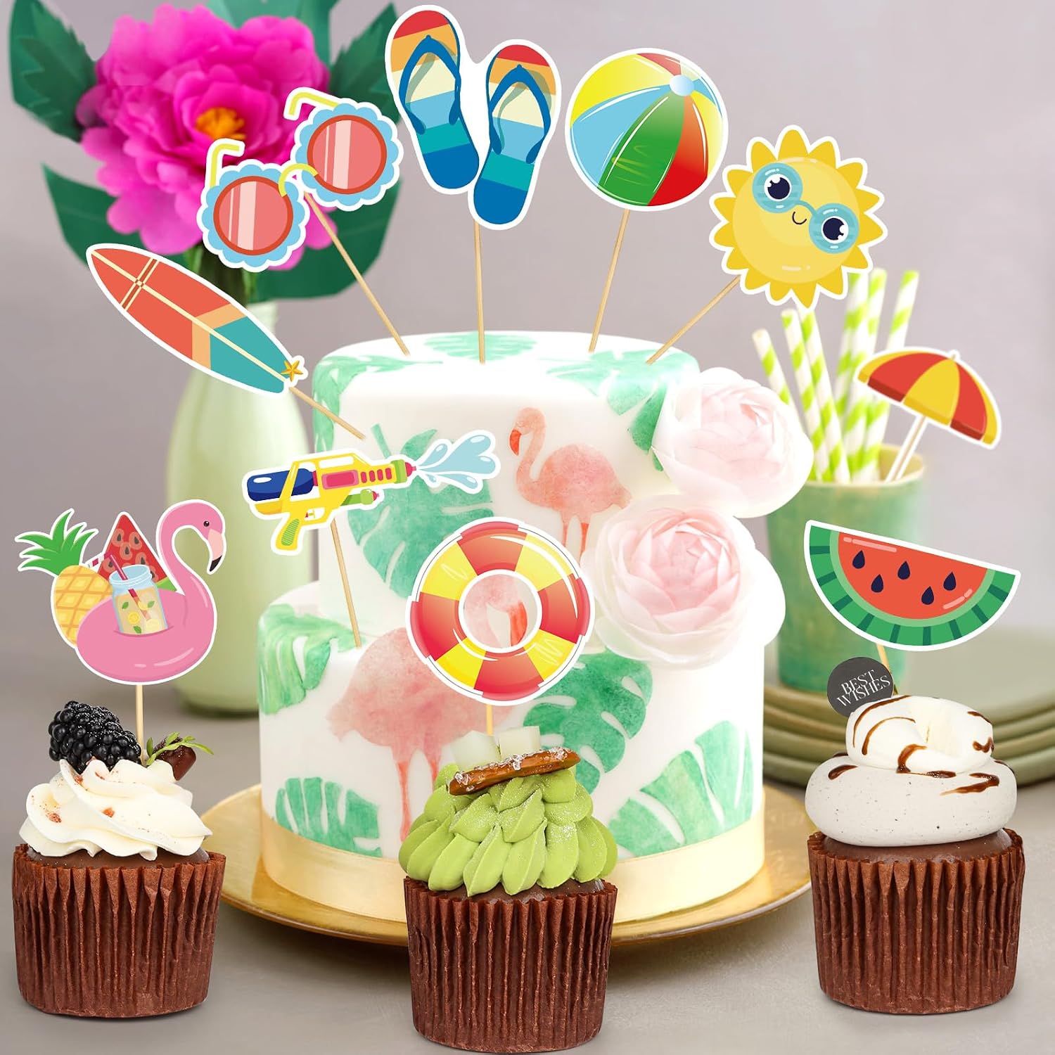 100 Pcs Summer Beach Cupcake Toppers for Kids Tropical Beach Pool Swimming Hawaii Theme Cake Insert Decorations for Summer Birthday Baby Shower Wedding Party Supplies
