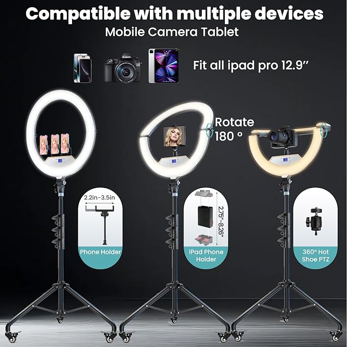 18" Foldable Ring Light with Stand for iPhone ipad Camera, 75" Tripod with Wheels 38W 6500K LED Display/Remote/2 USB Ports Large Big Ringlight Rolling for YouTube Facebook TikTok Live Video Recording