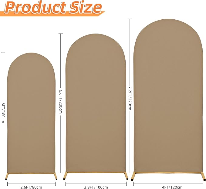Wedding Arch Covers Arch Backdrop Cover Arch Stand Covers 7.2FT 6.6FT 6FT Set of 3 Arch Cover Spandex Fabric Stretchy Backdrop for Wedding Birthday Party Decoration Baby Shower (Khaki)