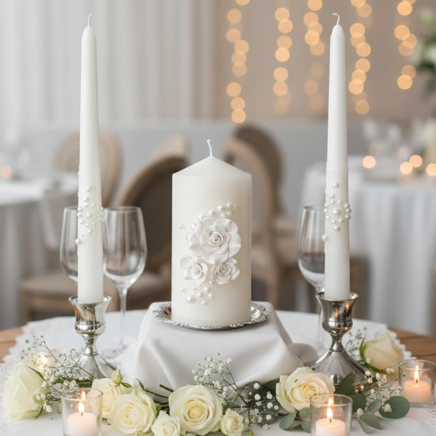 Irenare Unity Candles with Holder for Wedding Ceremony Unity Candle Set Wedding Table Decorations Accessories for Formal Events Church (Ceramic Flowers)