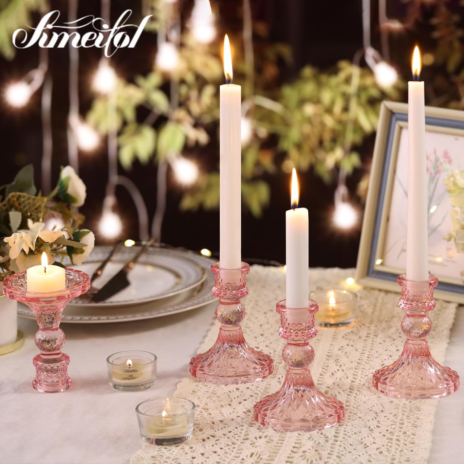 Glass Candle Holder Set of 12, Pink Taper Candle Holders Bulk, Vintage Candlestick Holders, Candle Stick Holder for Table Centerpieces, Wedding & Mother's Day