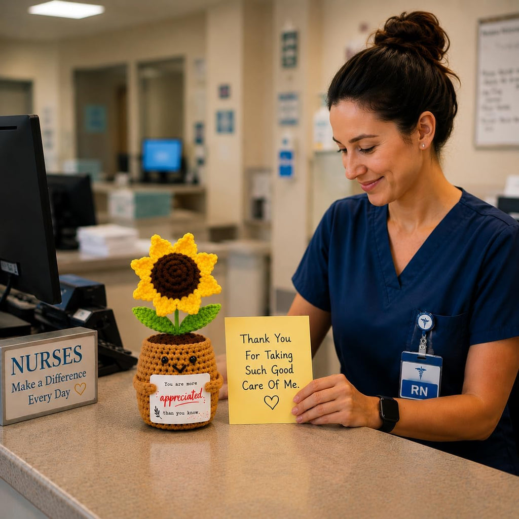 Handmade Positive Sunflower Crochet with Cards - Appreciation Gift for Coworkers, Teachers, Nurses and Friends - Desk Decor