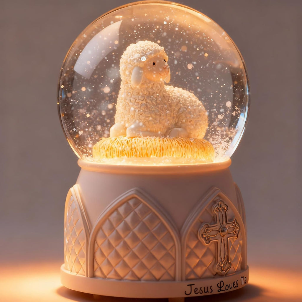Jesus Loves Me Snow Globe, Jesus White Lamb Baptism Music Box, Religious Gift for Pastors Girls Wife Girlfriends Friends Easter Birthday Present
