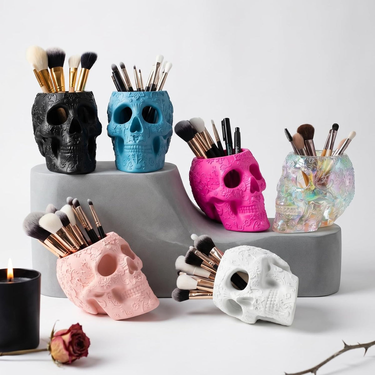 Skull Makeup Brush Holder, Pen Holder, Vanity, Desk, Office Organizer, Statio...