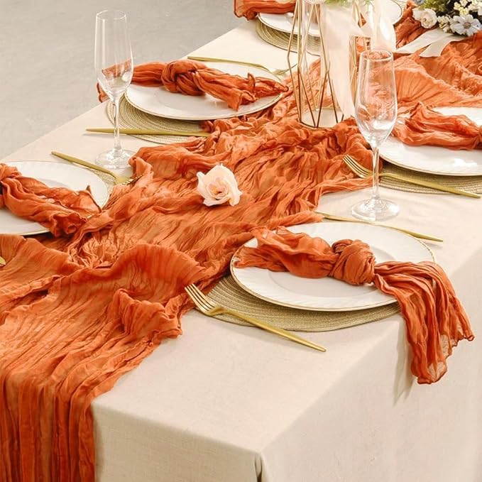 10 Packs Orange Halloween Table Runner Cheesecloth 10FT Fall Burnt Orange Cheese Cloth Table Runner Sheer Boho Rustic Gauze Table Cloth for Wedding Party Baby Shower Decor