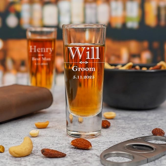 Custom Engraved Shot Glass – 2oz Tall Clear Glass – Personalized Gift for Wedding Party – Classic Etched Barware Keepsake for Groomsmen, Bridesmaids, and More (6)