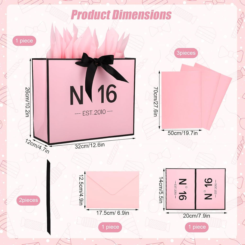 Sweet 16 Gifts for Girls, N°16 EST.2010 Pink sweet 16 Gift Bag with Card Envelope Ribbon Tissue Papers Birthday Decorations Anniversary Party Favors for Daughter Granddaughter Friends
