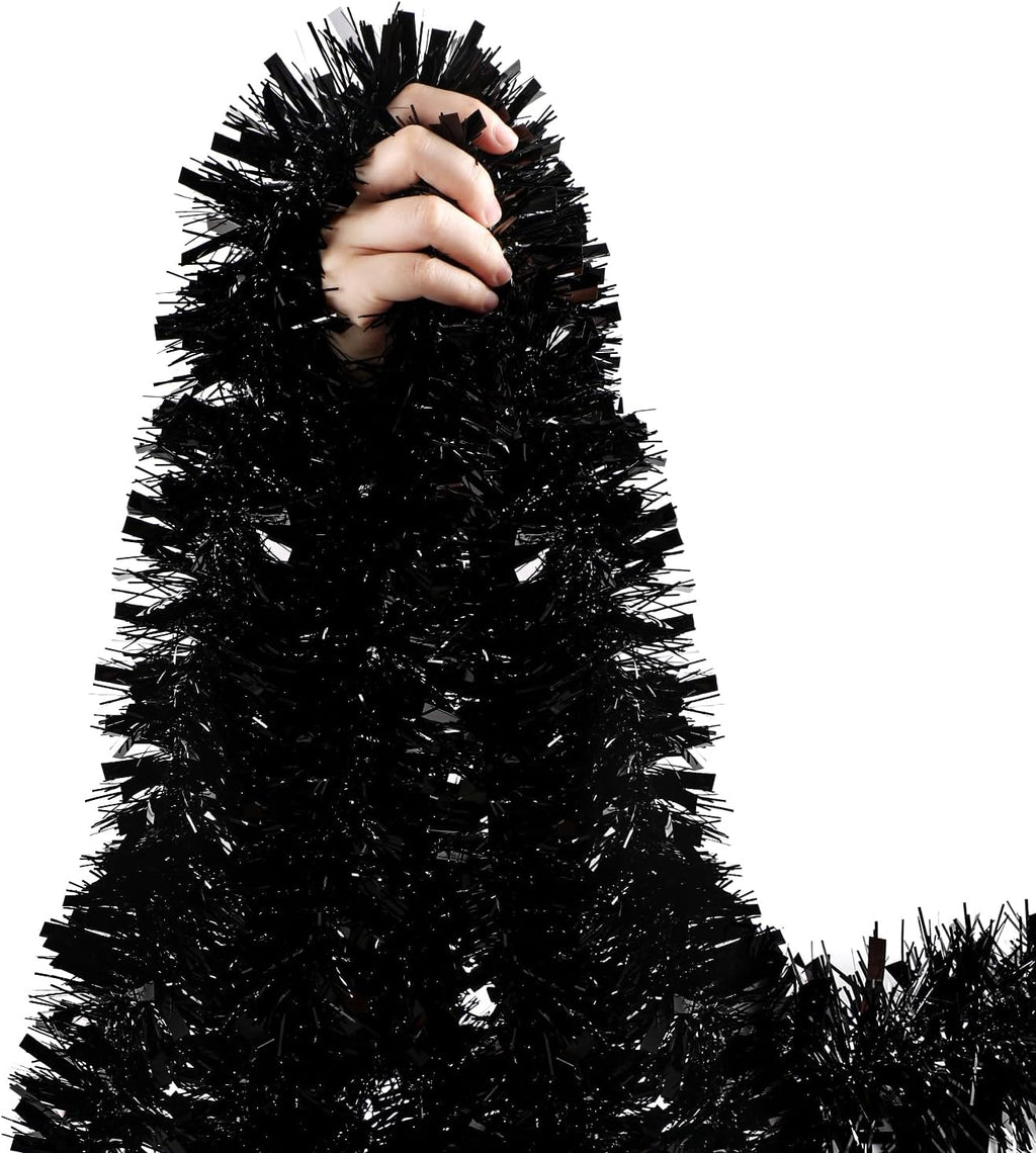 FOIMAS 33FT Black Tinsel Garland,Halloween Metallic Tinsel Garland Twisted Hanging Garland for Halloween Christmas Tree Fireplace Home Decoration